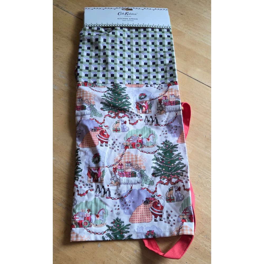 NEW Cath Kidston Dolls House Christmas Bib Cotton Apron Cath Check Holiday OSFM